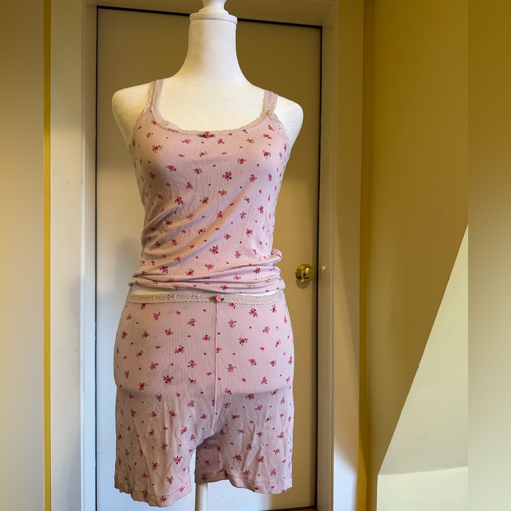 Skims Soft Lounge Lace Tank and shorts set in Rose Print